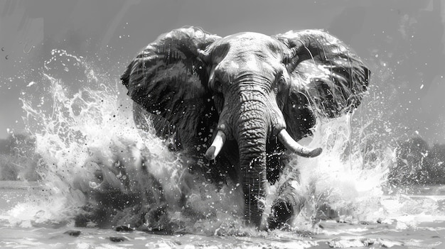 Elefante majestoso capturado em salpicos dinâmicos de água retrato de vida selvagem em preto e branco impressionante