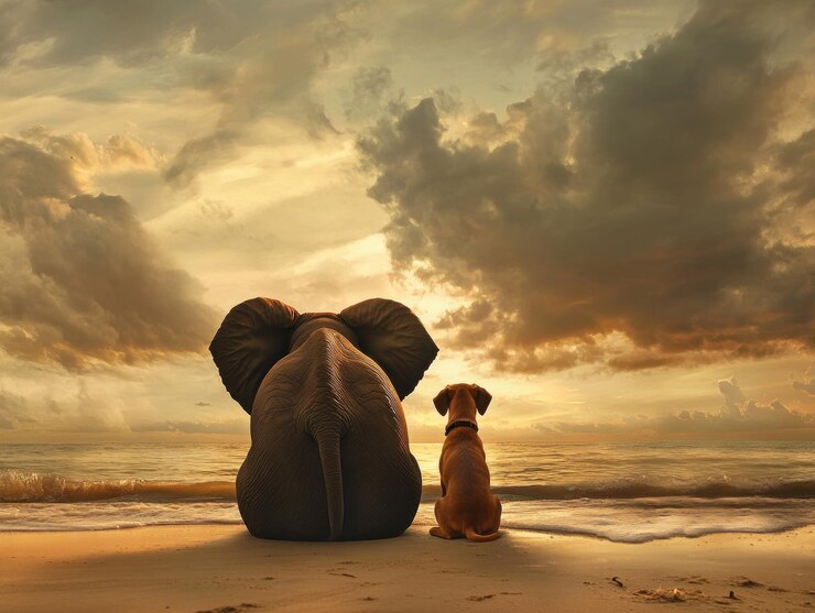 Elefante y perro en la playa