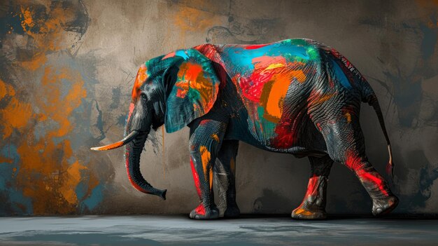 Elefante pintado de pie frente a una pared mural