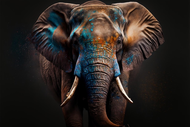 Un elefante con pintura azul en la cara.