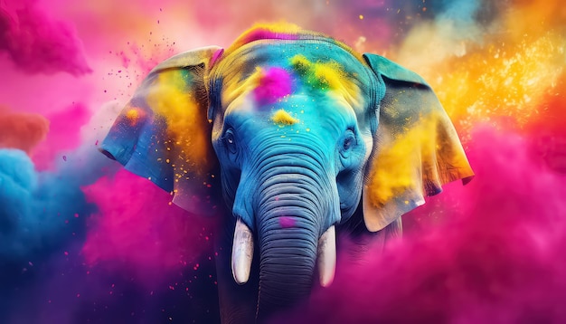 Elefante en el polvo de pintura feliz concepto indio de holi