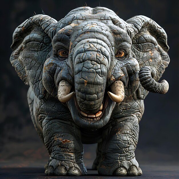 Elefante con postura de trompeta y cara feliz piel arrugada un personaje animal creativo en BG blanco