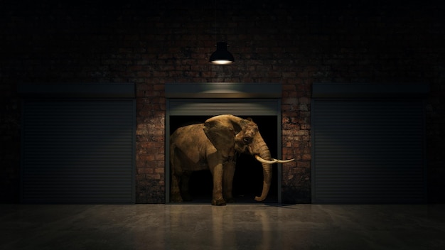 elefante en la puerta del almacén. Concepto creativo. Representación 3D