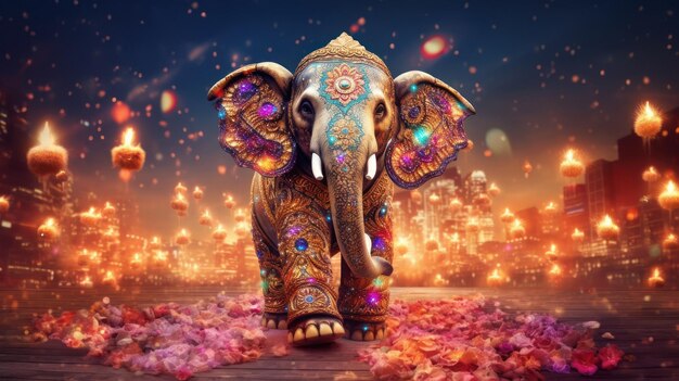 Elefante con ropa de colores hermosos