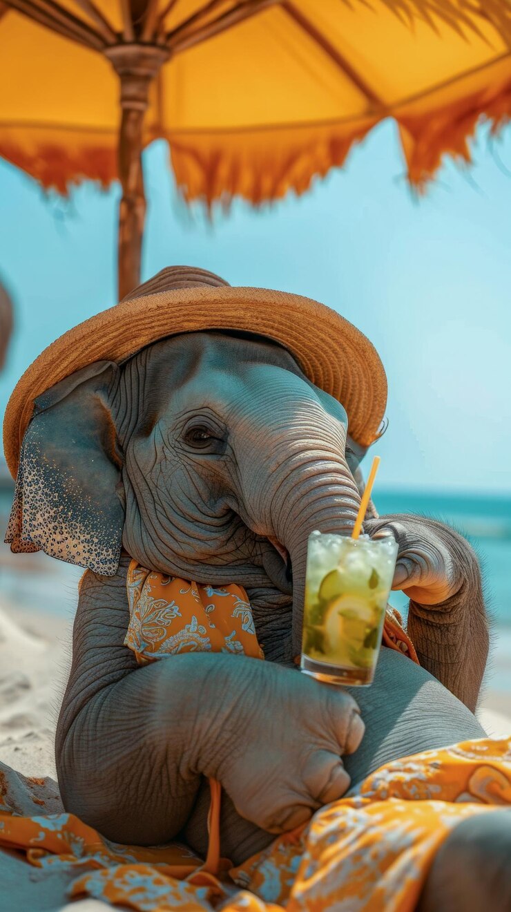 Un elefante con ropa humana se acuesta a tomar el sol en la playa en una silla de sol bajo un paraguas de sol brillante