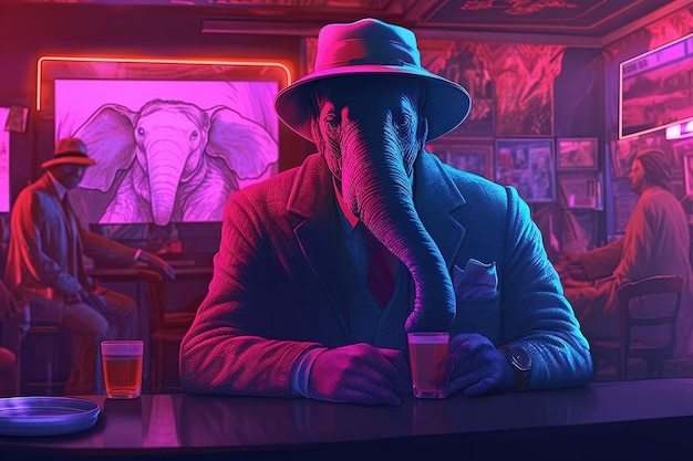 Elefante rosa gángster en barra de neón ilustración generativa ai