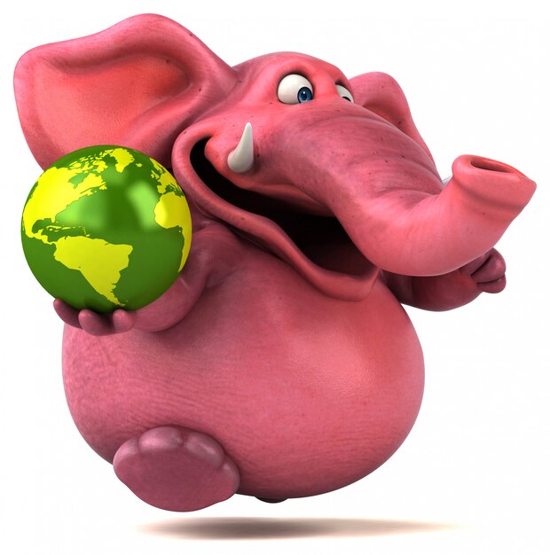 elefante rosado ilustrado divertido que sostiene el globo del mundo