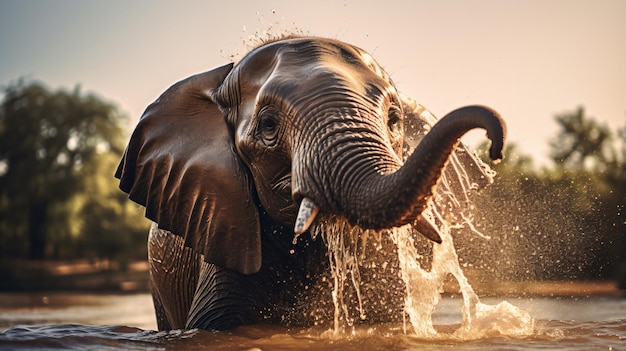 un elefante salpica agua en el río