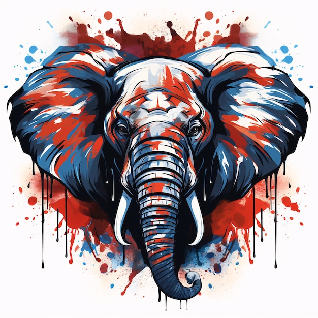 un elefante con salpicaduras de pintura roja y azul