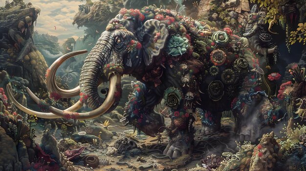 Elefante en una selva ciberpunk surrealista