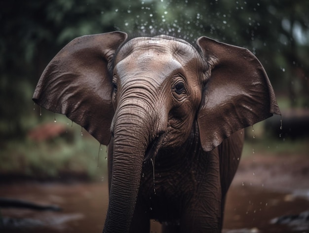 Un elefante en la selva con la trompa levantada