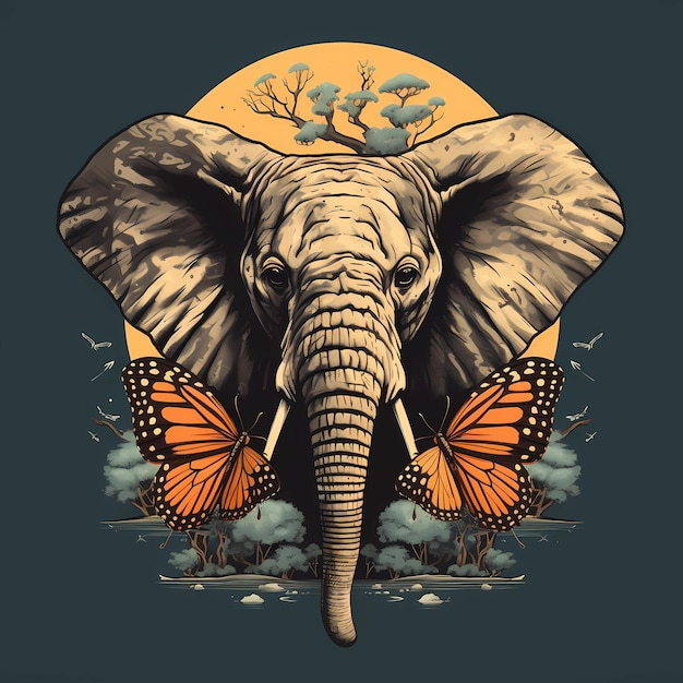 Elefante selvagem e borboleta design de camiseta de ilustração retrô vintage