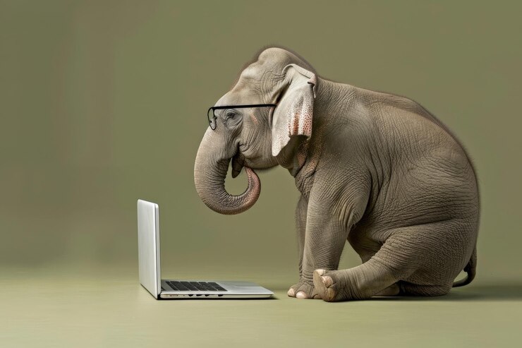Foto un elefante sentado frente a una computadora portátil con gafas con un fondo verde oliva sencillo