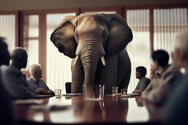 Elefante sentado en una mesa sobre el concepto de reunión ejecutiva de Elefante en la sala generativa ai