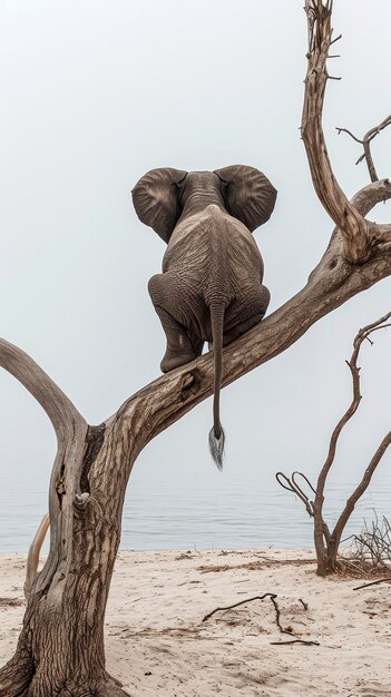 Un elefante sentado en una rama sin hojas