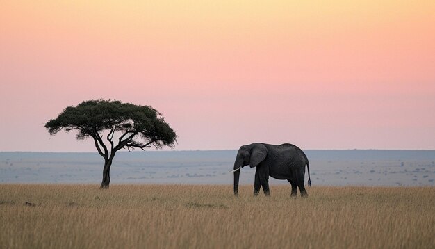 Foto un elefante solitario en la inmensidad de la sabana al anochecer