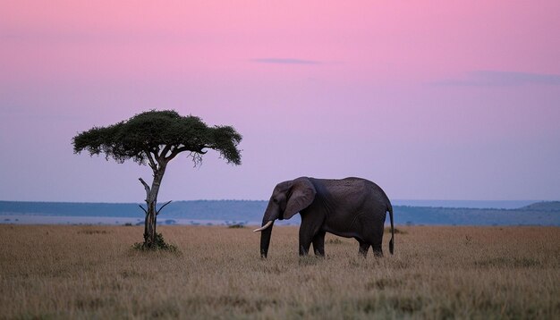 Foto un elefante solitario en la inmensidad de la sabana al anochecer
