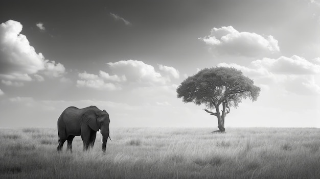 Elefante solitario en la sabana en blanco y negro