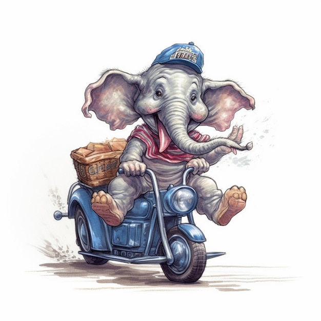 un elefante con un sombrero azul y una canasta en el frente.