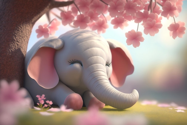 Elefante soñador bajo un árbol de flor rosa en un día soleado