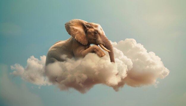 Foto elefante soñador flotando en las nubes contra el cielo