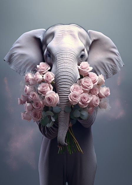 Un elefante sosteniendo un ramo de flores diseño creativo de tarjetas de felicitación de vacaciones concepto de día de San Valentín