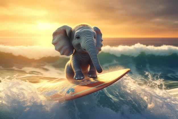 Elefante surfista en una tabla de surf divirtiéndose