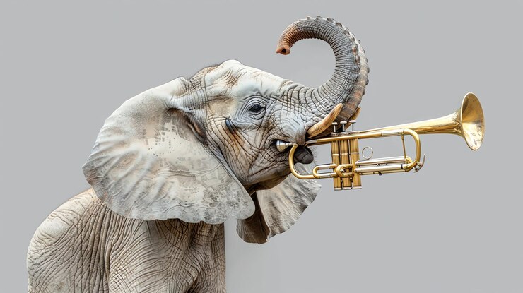Foto elefante tocando uma trombeta isolado em um fundo cinzento