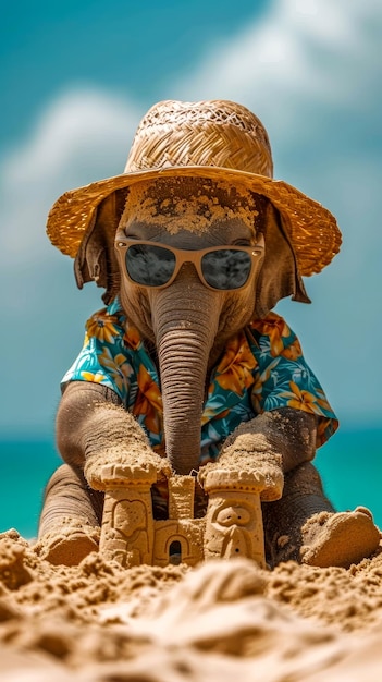 un elefante vestido con una camisa hawaiana pantalones cortos de playa sombrero gafas de sol está construyendo un castillo de arena en la playa en un día claro y soleado