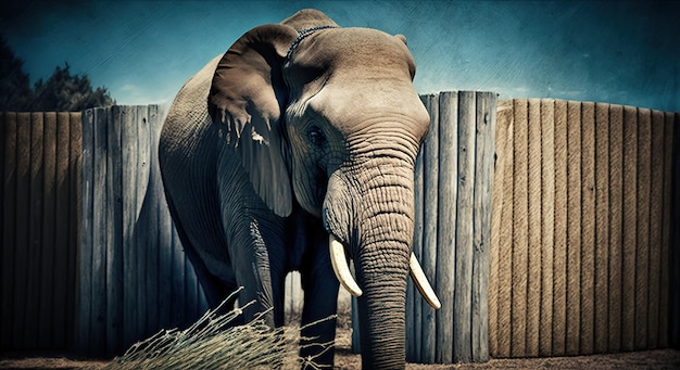 Elefante del zoológico escondido detrás de una valla comiendo heno