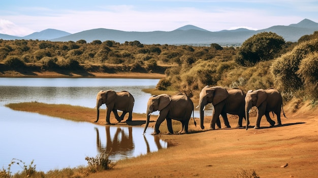 Elefanten, die an einem Flussufer in der Nähe einer Bergkette entlanglaufen, erzeugen generative KI
