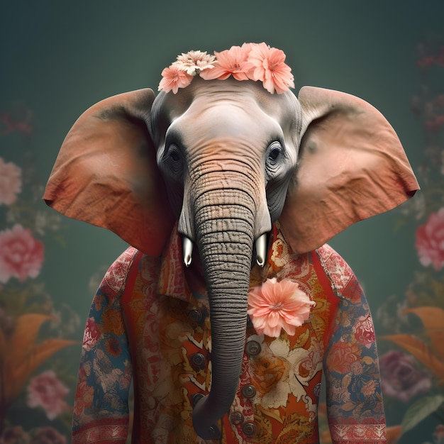 Elefanten-Tier in blumigem Blumen-Outfit und Hintergrund
