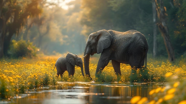 Elefantenmutter läuft mit ihrem Kalb durch eine malerische Wiese am Wasser, ruhige Tierszene in einer ruhigen Umgebung. KI