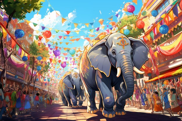 Elefantenparade Fiesta Tier Neujahrsfeier Illustration
