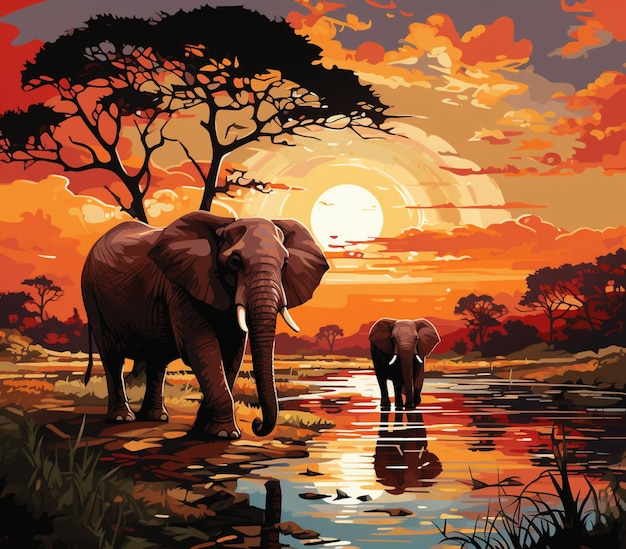 elefantes a caminhar na água ao pôr-do-sol com uma árvore ao fundo