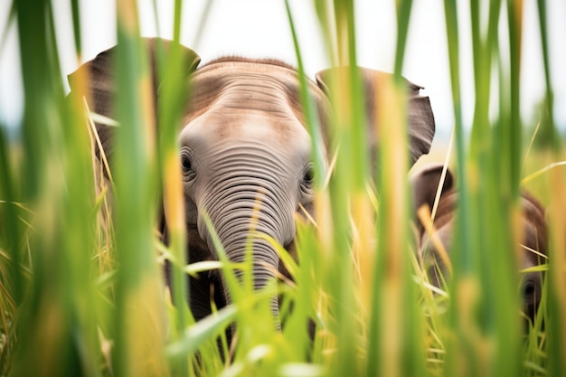 Foto elefantes amontoados, bezerros a espreitar na grama alta.