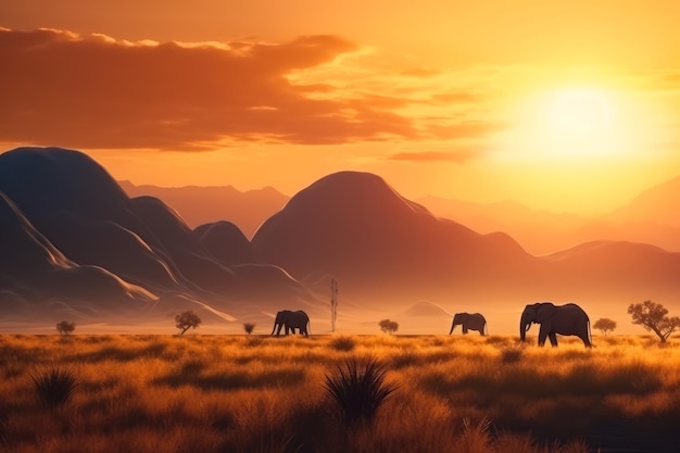 Elefantes andando pela grama na savana Belos animais ao fundo das montanhas ao pôr do sol Generative AI