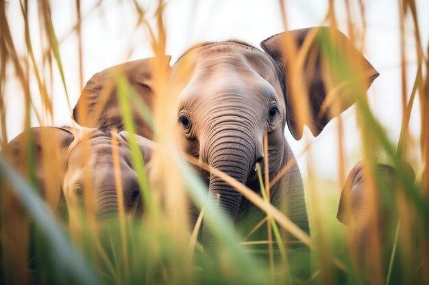 Foto elefantes apiñados cría asomando en la hierba alta