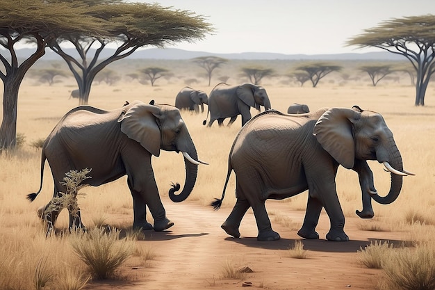 Elefantes caminhando pela savana Migração de Vida Selvagem Gerada por IA