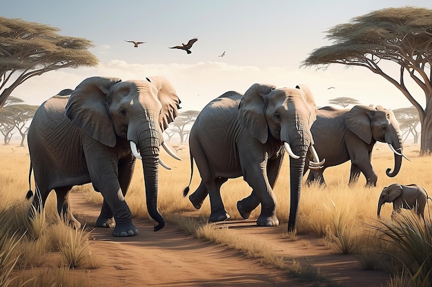 Elefantes caminhando pela savana Migração de Vida Selvagem Gerada por IA