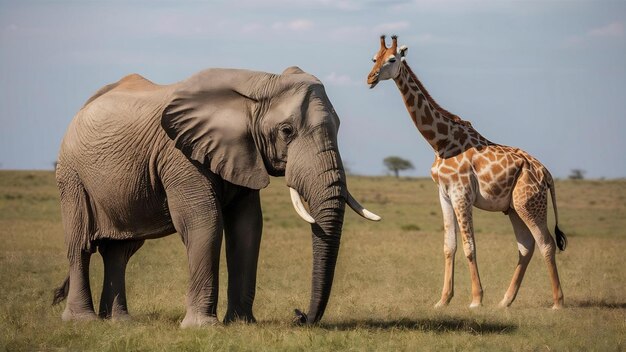 Elefantes e girafas na savana