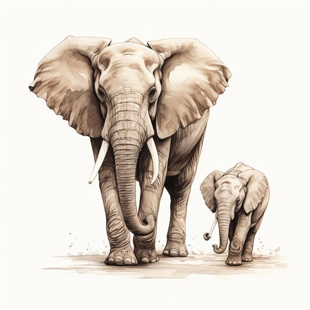 elefantes estão andando juntos em um estilo de desenho de linha generativo ai