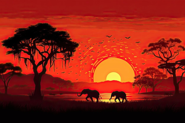 Elefantes na savana ao pôr do sol ilustração vetorial AI Gerado