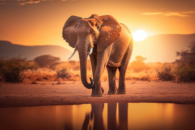 Foto elefantes na savana da vida selvagem africana no fundo do pôr do sol dia da áfrica criado generative ai