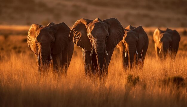 Elefantes de safari al atardecer pastando en la sabana generados por IA