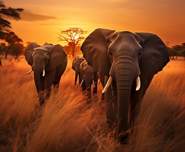 Elefantes vagando por un campo de hierba seca IA generativa