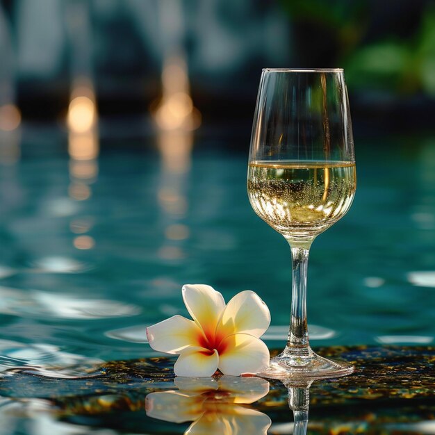 Foto elegança à beira da piscina, vinho branco, flor de frangipani, uma indulgência de verão para as redes sociais.