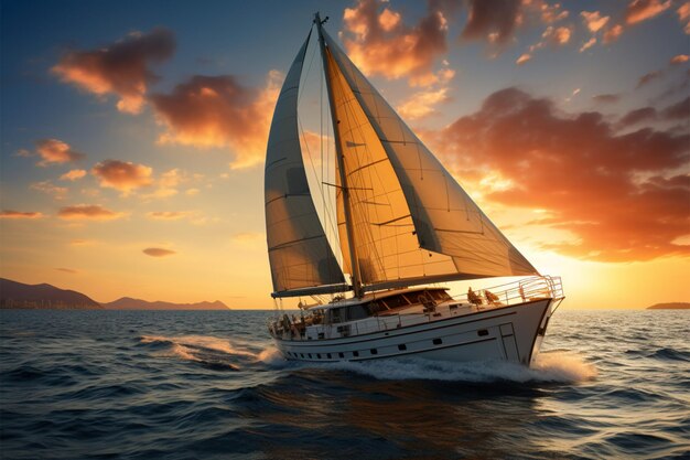 Foto elegança a flutuar um iate de luxo navega contra um fundo de pôr-do-sol de tirar o fôlego