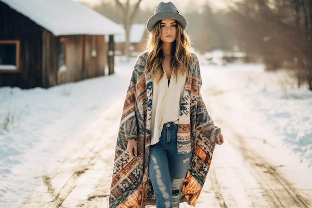 Elegança aconchegante na roupa de inverno de neve para mulheres