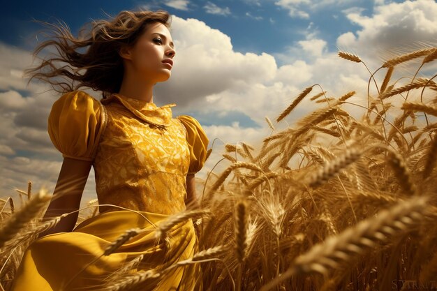 Foto elegança agrária viajando por campos de ouro em uma colheita de trigo